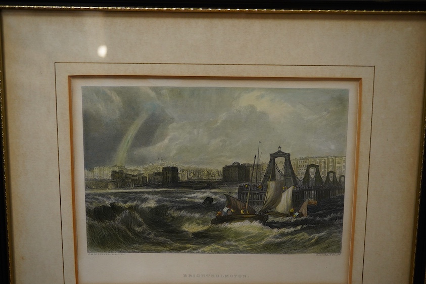 Four 19th century Brighton interest prints and engravings to include: after Joseph Mallord William Turner, ‘Brighton Chain Pier’ and after Gatwick, ‘Pavilion, Statue of the King’, largest 20 x 31cm